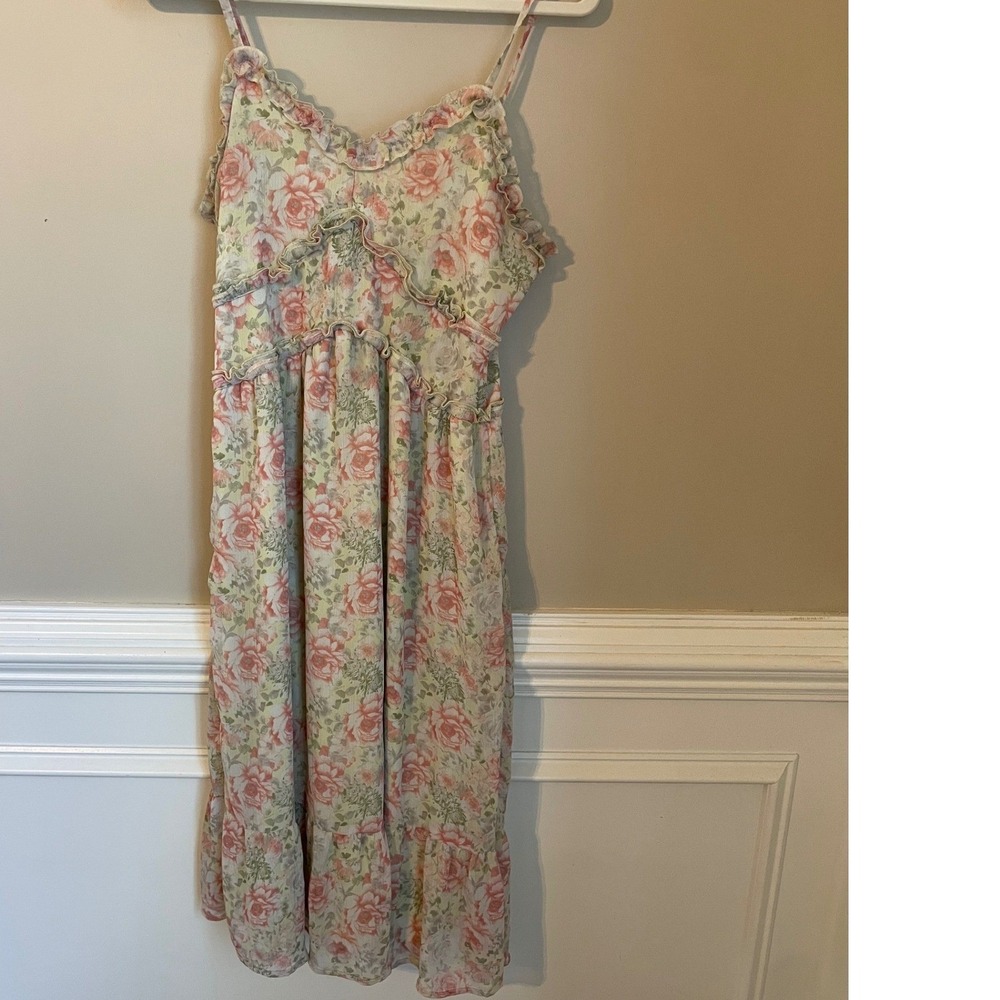 Floral Ruffled Chiffon Fairy Midi Babydoll Slip Dress No Boundaries Size M - Picture 2 of 10